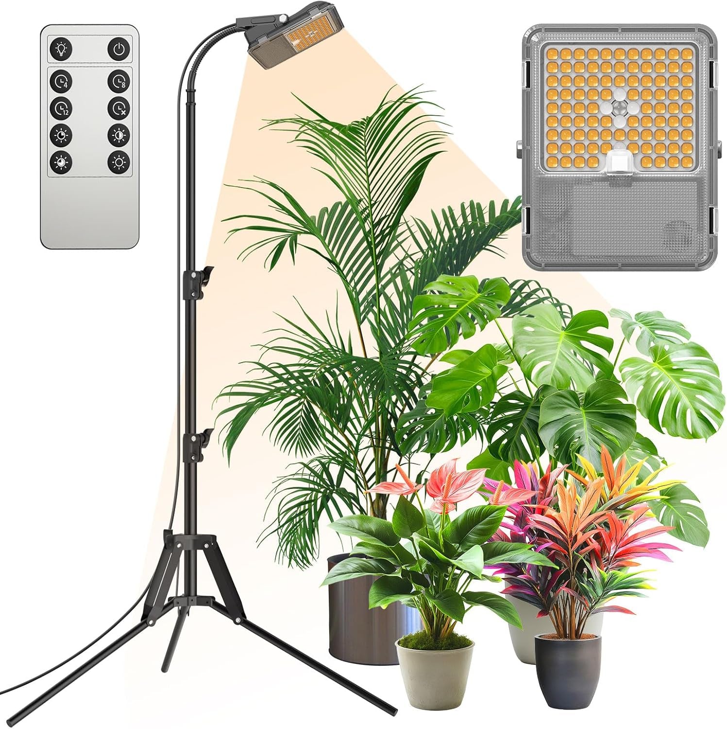 Lampă LED SANSI pentru plante cu spectru complet, 125W, cu lumină reglabilă, cu telecomandă pentru creșterea plantelor, înălțime reglabilă 120-180cm, temporizator 4/8/12 ore, 4 niveluri de luminozitate