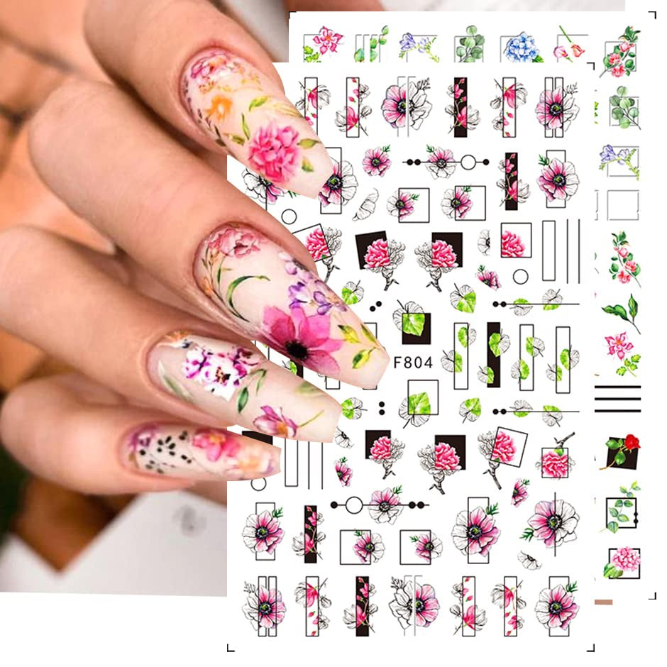 JMEOWIO Nagelsticker Frühling Blumen 10 Blätter Nagelaufkleber Selbstklebend Nail Art Dekoration Nageldesign Zubehör Für Frauen Mädchen