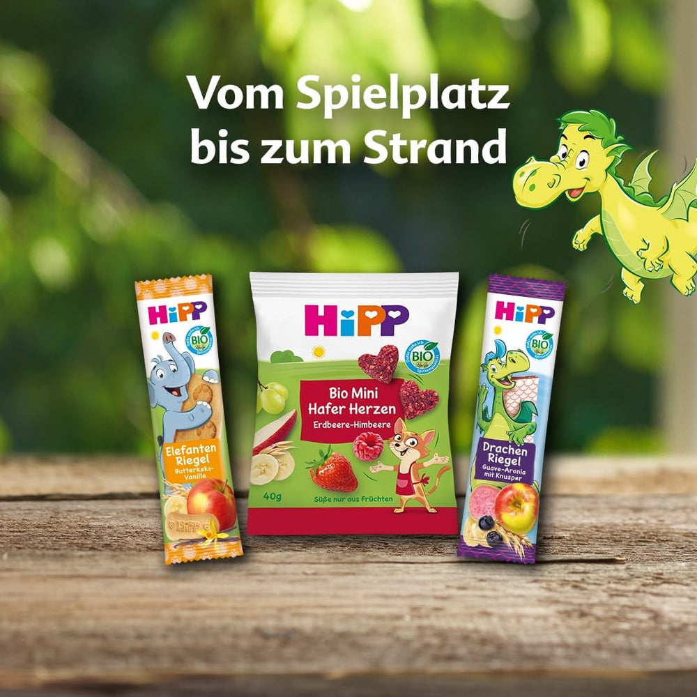 HiPP Mini Inimi de Ovăz Căpșuni-Zmeură (12 x 40g), de la 1 an, baton-snack organic în formă de inimă, cu conținut ridicat de cereale și fibre, îndulcit doar din fructe, de cea mai bună calitate organică