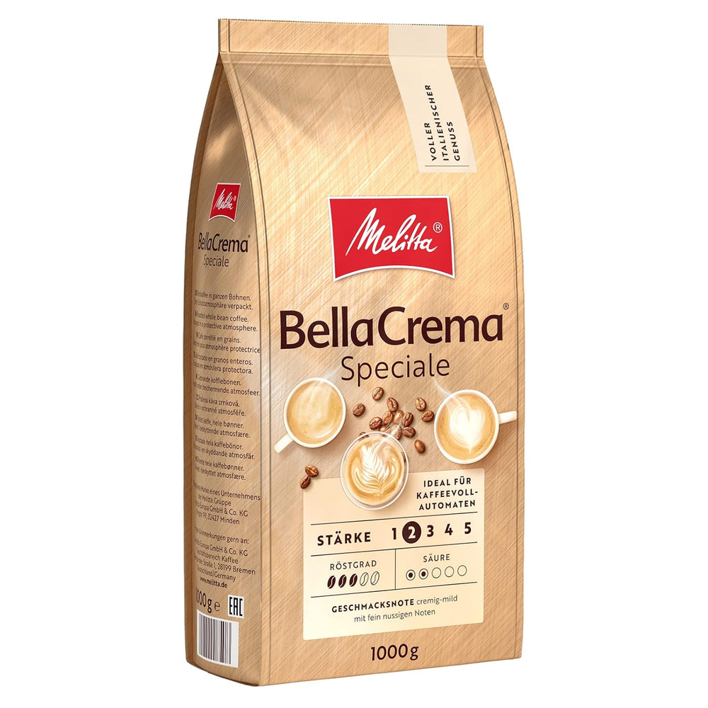Melitta BellaCrema Speciale Boabe de cafea integrale 1kg, nemăcinate & Barista Classic Crema, Boabe de cafea integrale 1kg, nemăcinate, Boabe de cafea pentru aparate de cafea automate, prăjire medie, tărie 3