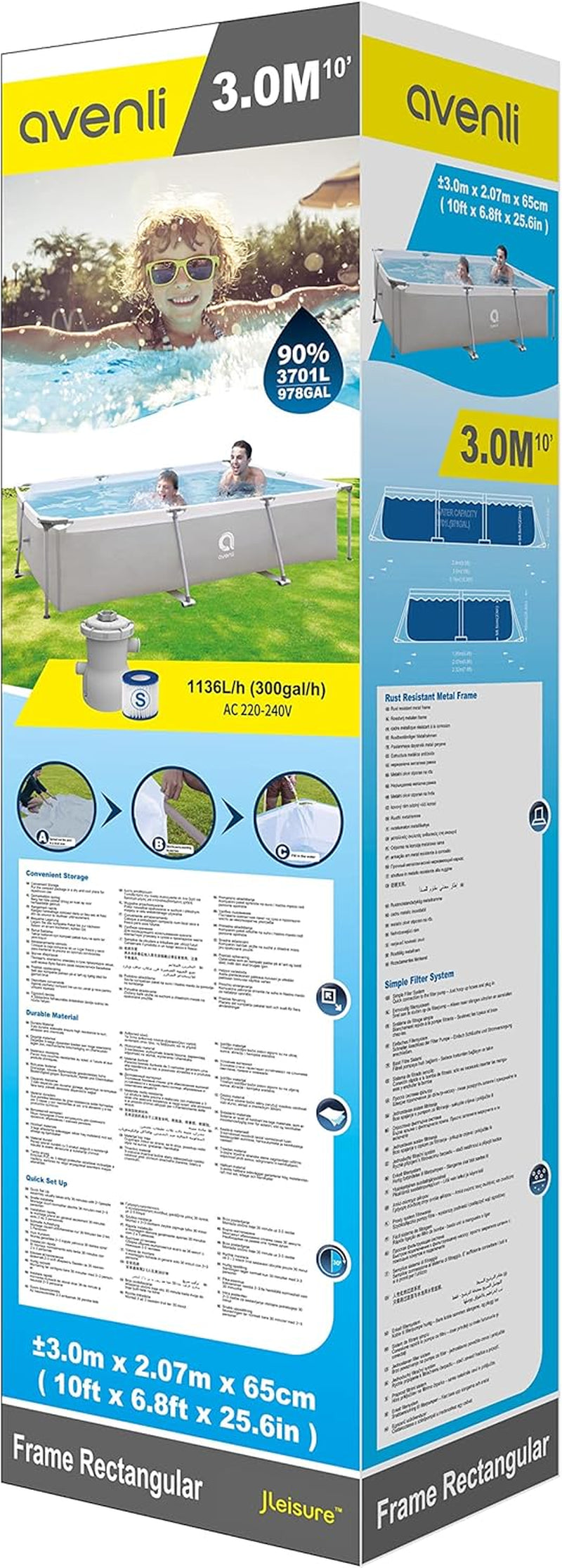 Piscină supraterană Avenli Pool 300 x 207 x 65 cm, cadru din oțel, set piscină cu pompă de filtrare, furtunuri și cartuș de filtrare, cadru gri, piscină dreptunghiulară