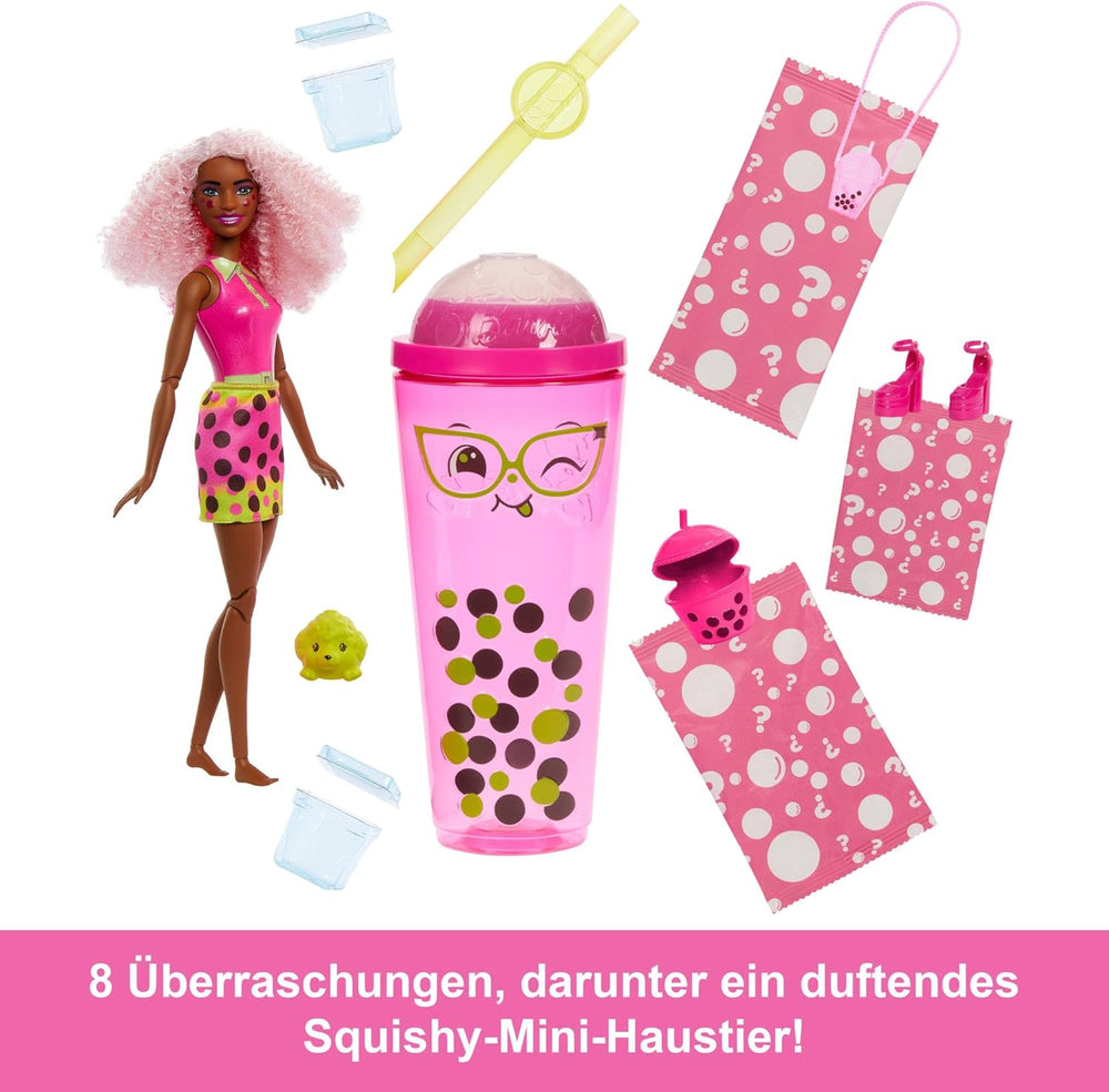 Păpușa Barbie Pop Reveal Bubble Tea și accesorii, Păpușă la modă parfumată Berry Bliss cu animal de companie, 8 surprize, inclusiv schimbător de culoare, cană de depozitare, HTJ20