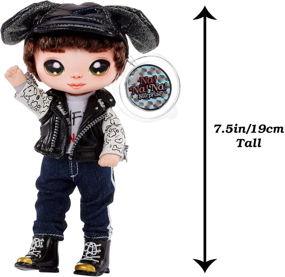 Na Na Na Surprise 2-in-1 Soft Modepuppe & Metallic Purse Glam Serie - Sammlerpuppe - Boy-Puppe mit Braunen Haaren und Mütze mit Hunde-Ohren und einer Welpen Tasche - Maxwell Dane