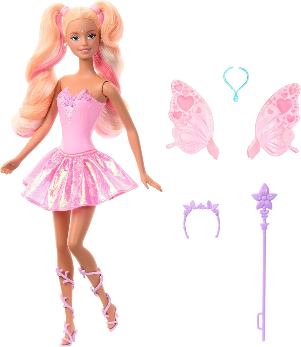 Mattel Barbie Doll Fairy cu baghetă de jucărie și accesorii de modă, temă fantastică cu aripi și ținută care își schimbă culoarea, JCP76, [Multicolor] Papusi Naty Shop