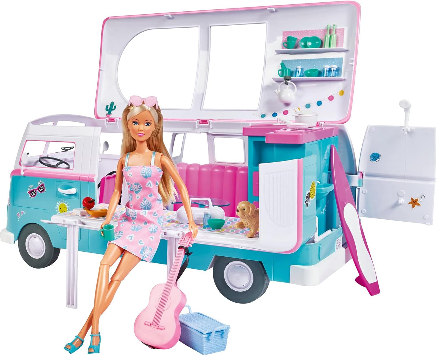 Simba Steffi Love Hawaii Camper / Puppe mit aufklappbarem Camper / inkl. Küche / Sitzecke / Bett / Tisch und viel Zubehör / L:51cm / 29cm / Für Kinder ab 3 Jahren geeignet, 105733523