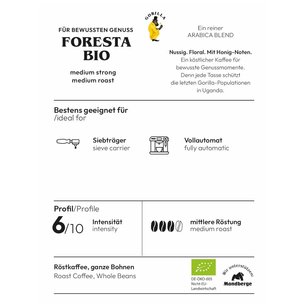 Cafea Gorilla Foresta, pachet dublu, 2 x 1 kg, boabe prăjite | Amestec Arabica, boabe întregi | Espressor portafilter complet automat | Cafea espresso