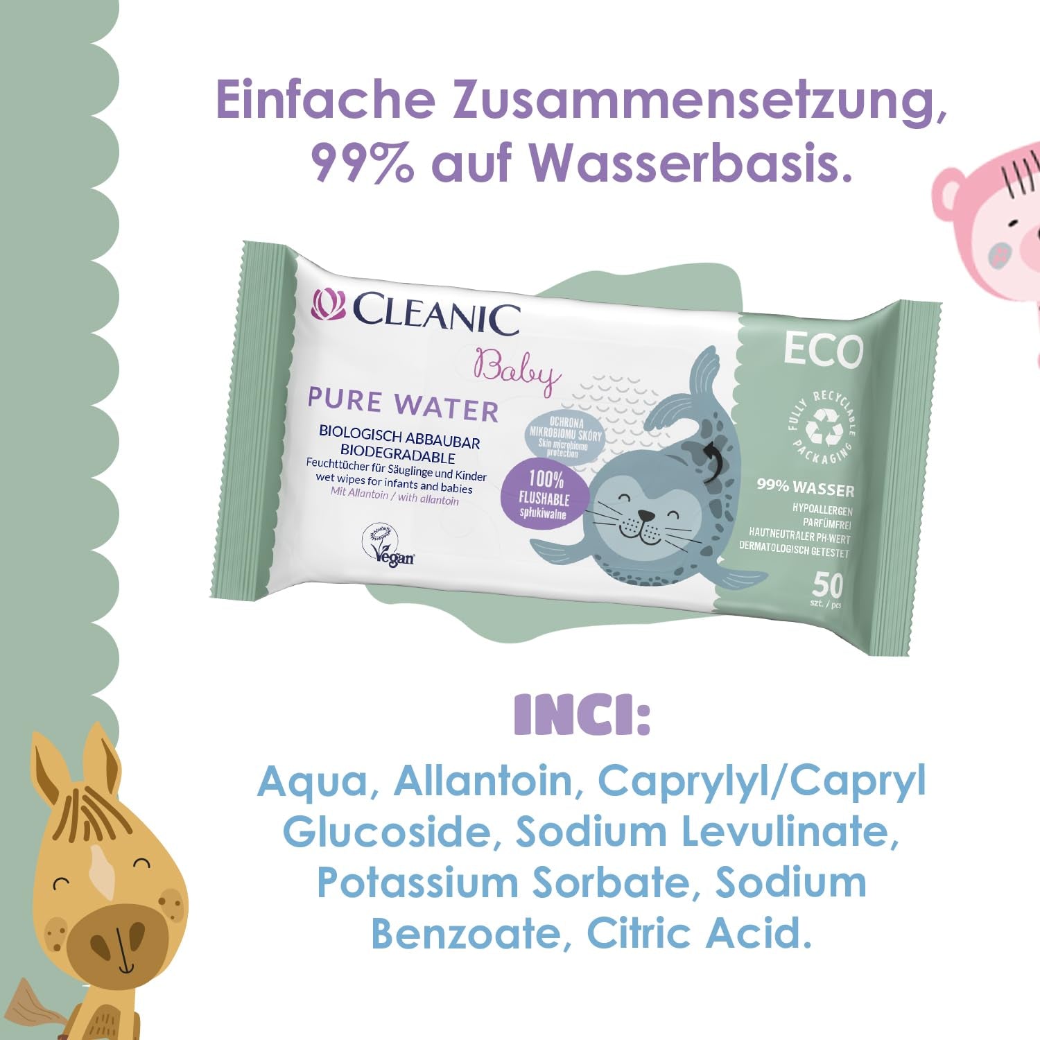 Șervețele umede Cleanic Baby Eco Pure Water – (1 x 50 buc.) Șervețele umede pentru copii și sugari – fără parfum, se pot arunca la toaletă, piele sensibilă – 50 buc.