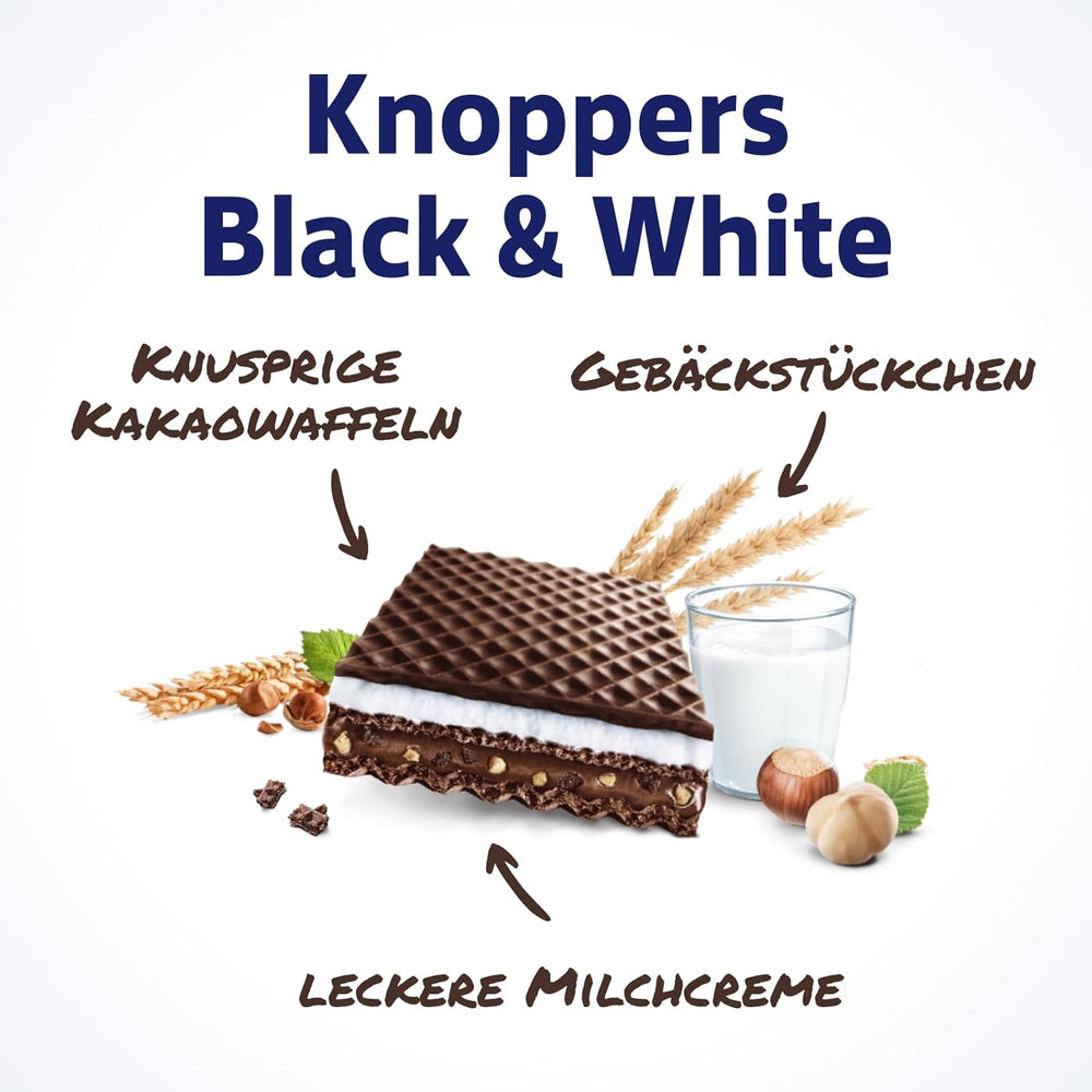 Knoppers Alb și Negru – 8 x 25 g – Felii de napolitană umplute cu napolitane cu cacao neagră, bucăți de biscuiți negri, lapte și cremă de nuga