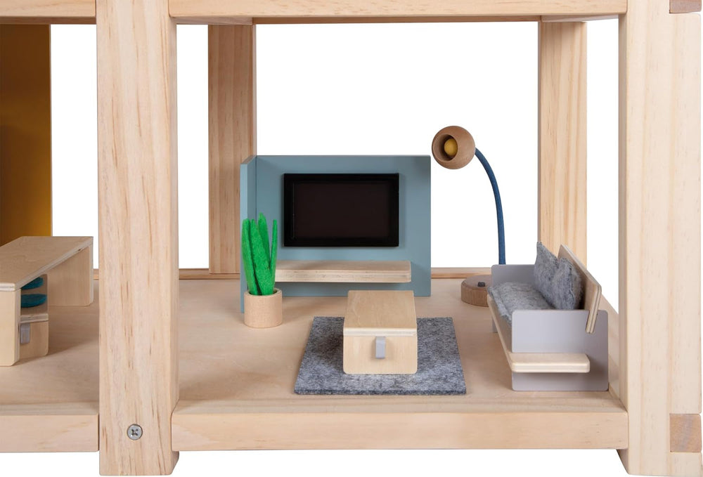 Casă de păpuși din lemn Small Foot, culori naturale – cu 3 etaje, terasă pe acoperiș și set de mobilier cu 51 de piese, încurajează jocul creativ, potrivită pentru vârste de la 3 ani în sus, 12541