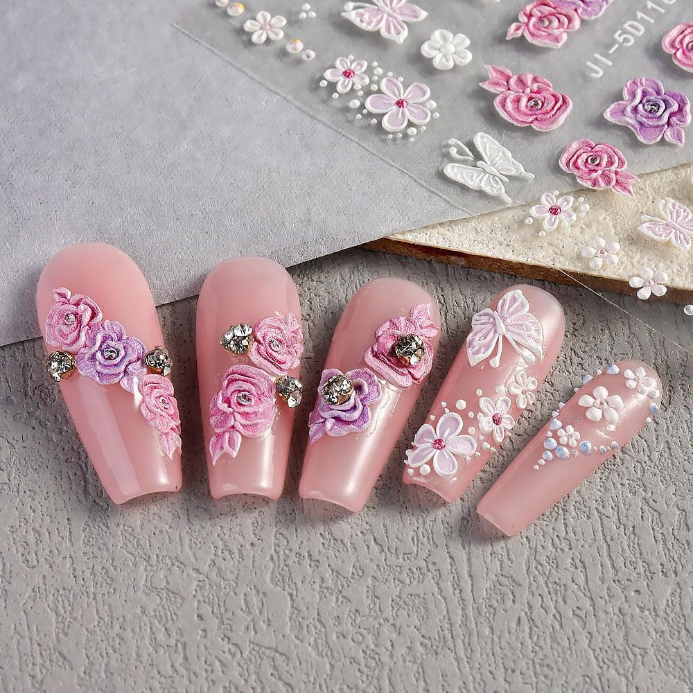 5D Geprägte Blume Nagelsticker Nagelfolie Selbstklebend Acryl Geschnitzte Blumen Nagelaufkleber Schmetterling Nail Sticker Blütenblätter Nageldesign Aufkleber Nägel Zubehör Flower Nail Art Stickers