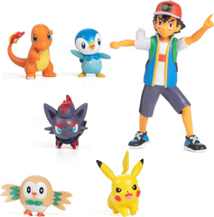 Pokémon Battle Ready! Set de figurine 6 piese - 11.4 Cm Ash & Launching Pikachu, 5.1 Cm Charmander, Rowlet, Piplup, Zorua - Licențiat oficial - Cadou de Paște pentru copii, băieți, fete Action figures Naty Shop