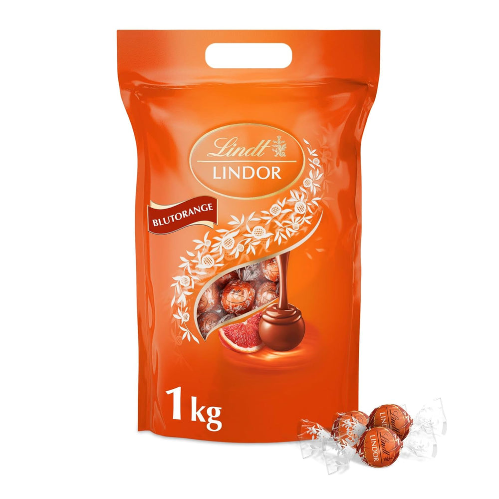 Bile de ciocolată Lindt LINDOR cu portocale roșii | Pungă resigilabilă de 1 kg | aprox. 80 de bomboane de ciocolată cu umplutură care se topește în gură | Pachet vrac, cadou de ciocolată