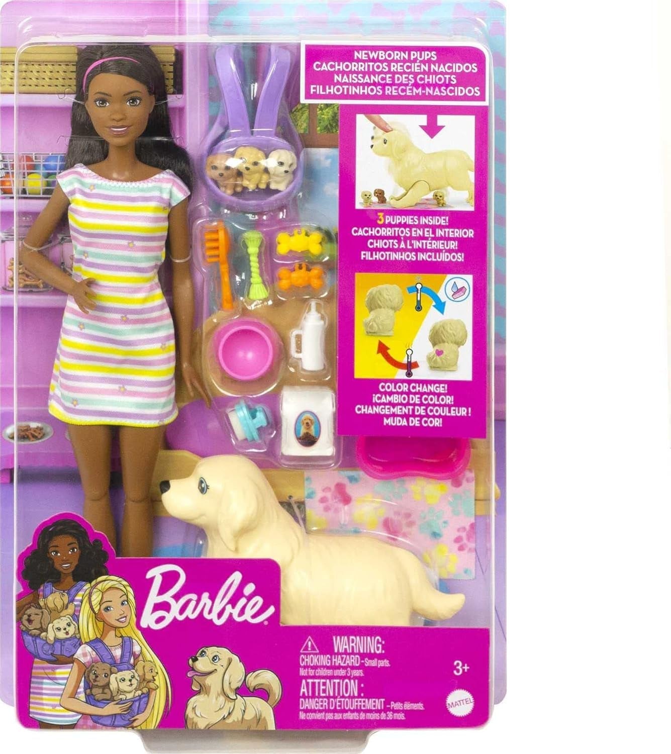Barbie HCK76 - Welpen-Spielset mit Barbie-Puppe (ca. 29 cm, dunkelbraune Haare), Hündin, die Welpen gebären kann, 3 Welpen & Pflegezubehör, Spielzeug Geschenk für Kinder von 3 bis 7 Jahren