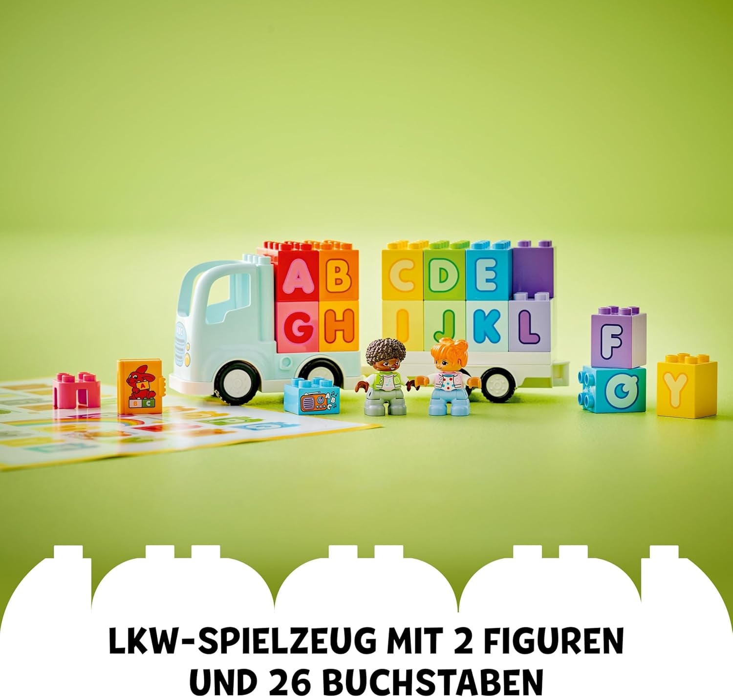 LEGO DUPLO Town ABC-Lastwagen, Lernspielzeug für Kleinkinder ab 2 Jahren, ABC-LKW-Spielzeug mit Anhänger und Buchstaben-Steinen, plus Figuren eines Jungen und eines Mädchens, Geschenk für Kinder 10421
