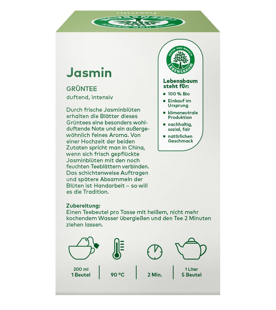 LEBENSBAUM Ceai de iasomie, ceai organic cu flori proaspete de iasomie, pliculețe de ceai verde, gust 100% natural, 20 pliculețe de ceai à 1,5 g