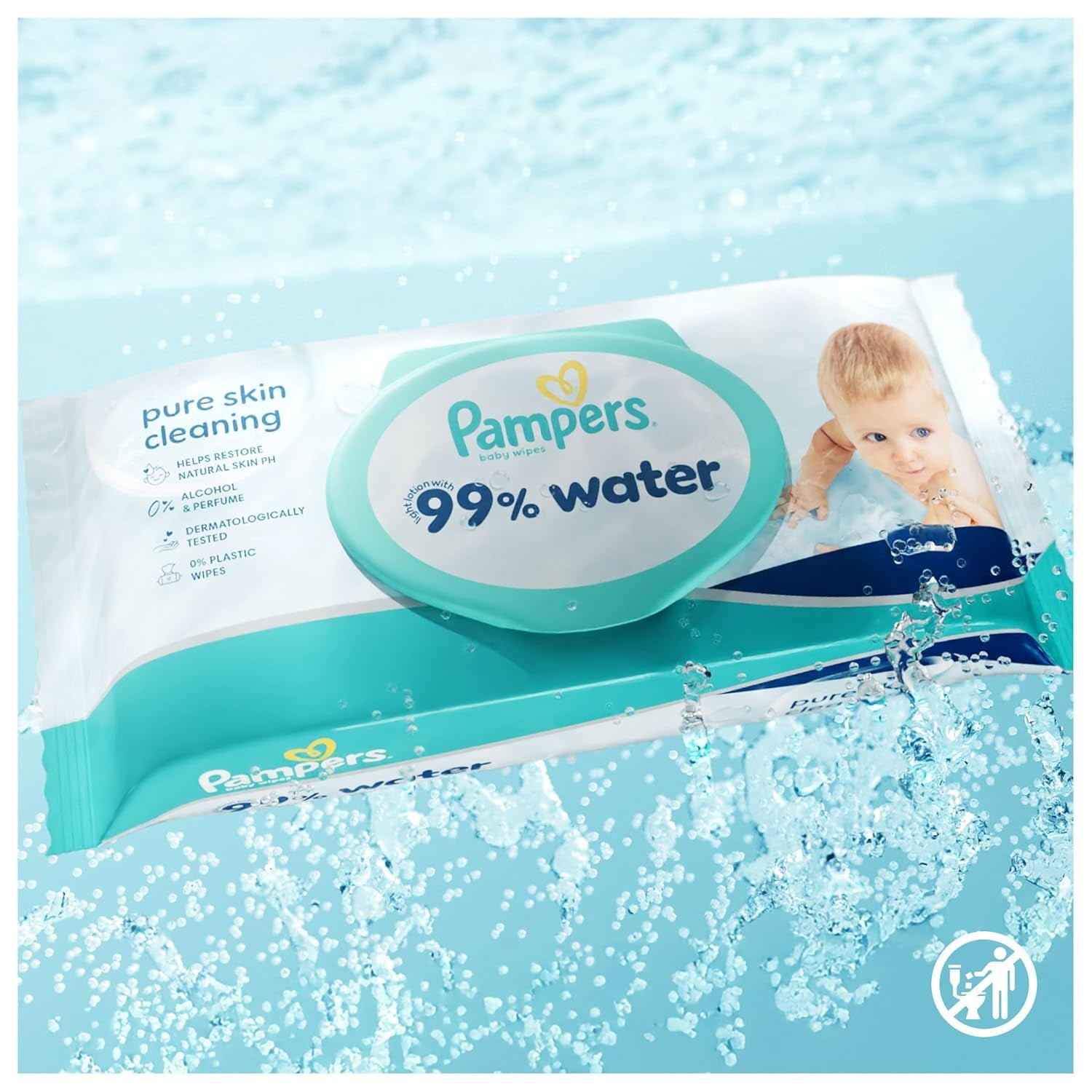 Șervețele umede Pampers 99% apă pentru bebeluși, 12 pachete a câte 60 de șervețele fiecare = 720 de șervețele umede pentru bebeluși, loțiune ușoară cu 99% apă