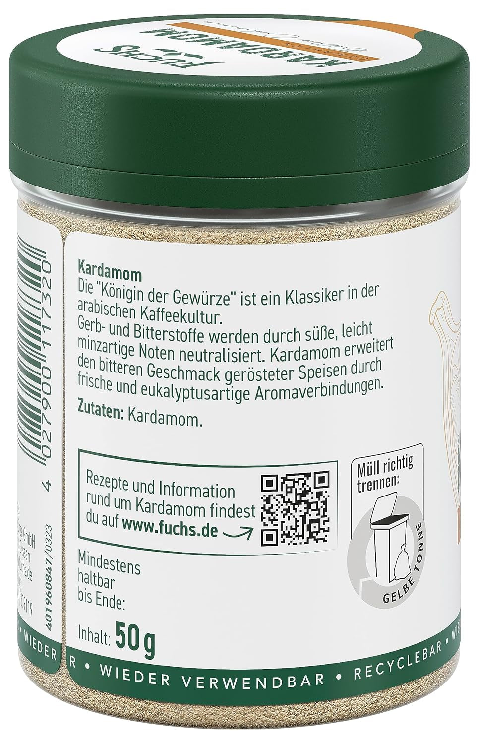 Fuchs Gewürze - Kardamom gemahlen - Gewürz für Glühwein oder Fleischgerichte wie Roastbeef oder Schweinebraten - natürliche Zutaten - 50 g in wiederverwendbarer, recyclebarer Dose
