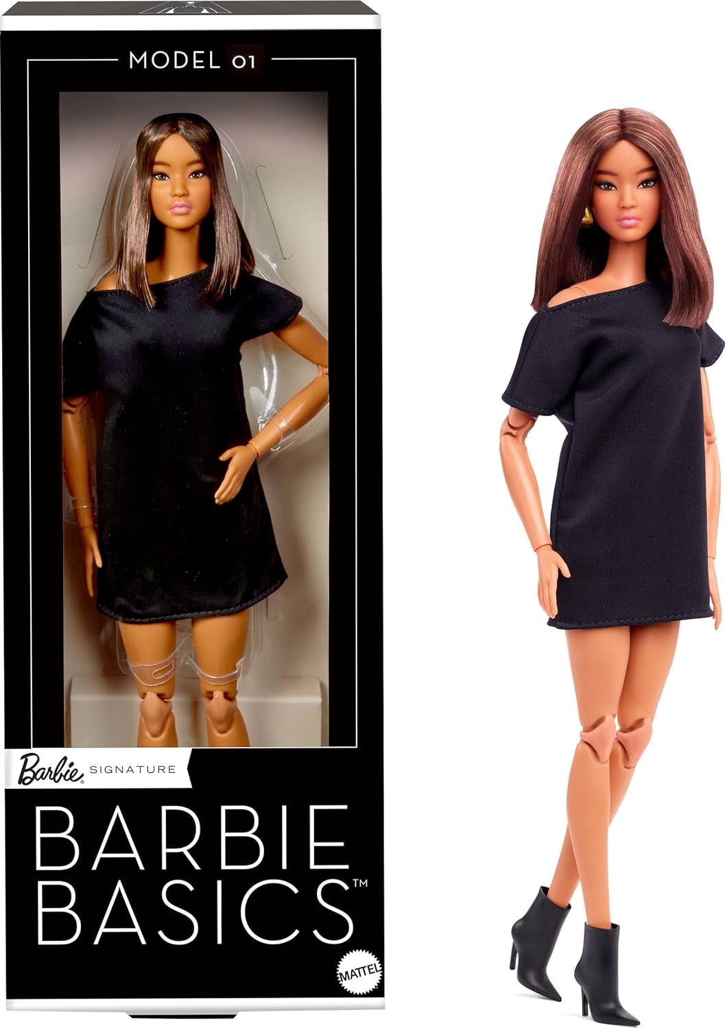 Barbie Basics Model 1, Păpușă de colecție cu păr brunet, rochie mini neagră și pantofi, modă cu potrivire universală, corp articulat și cap interschimbabil, JBH72