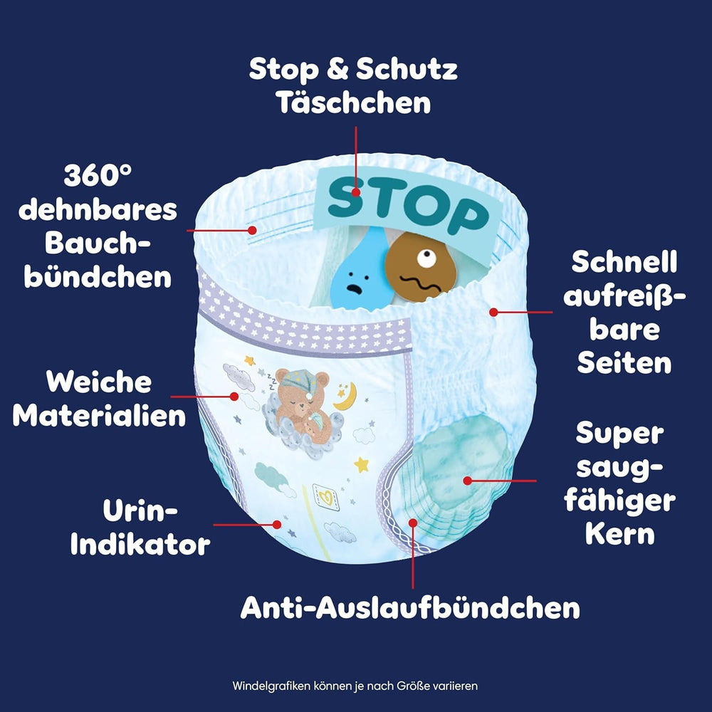 Scutecele Pampers Night Pants mărimea 6, 138 de bucăți, 13kg-19kg, oferă protecție suplimentară pentru întreaga noapte.