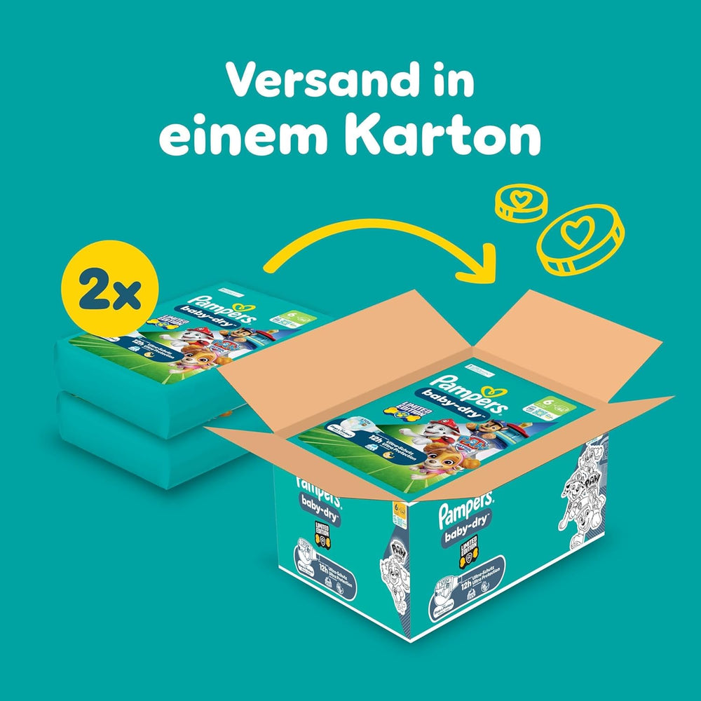 Scutece Pampers Baby-Dry Ediția Patrula Cățelușilor, mărimea 6, 164 de scutece, 13 kg - 18 kg, protecție împotriva scurgerilor de până la 100% și confort toată noaptea