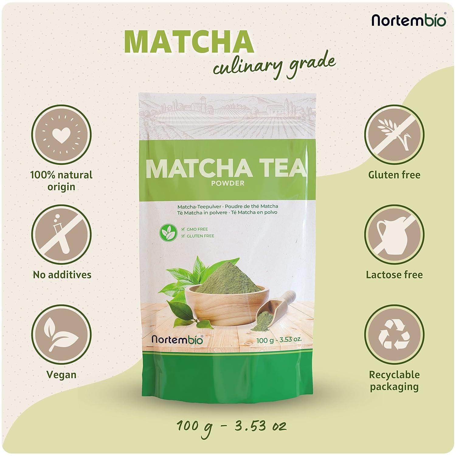 Nortembio Matcha Tea Powder 100 g. Ceai verde japonez fără aditivi și conservanți. Ceai verde Matcha de calitate culinară. Ideal pentru latte, deserturi și produse de patiserie.