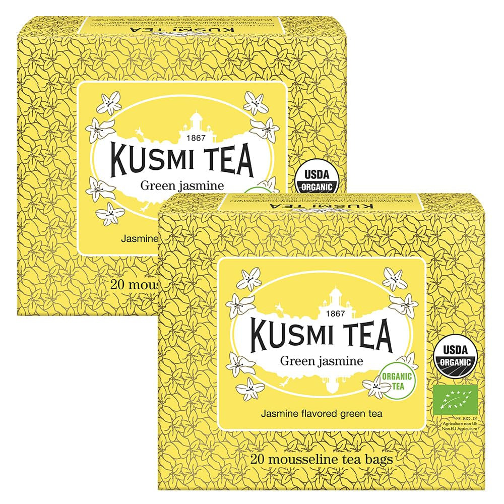 Kusmi Tea - Pachet de 2 - Ceai verde cu iasomie - Amestec de ceai verde organic cu iasomie - Ceai verde 100% organic - Se poate consuma fierbinte sau rece - 2X20 pliculețe de ceai