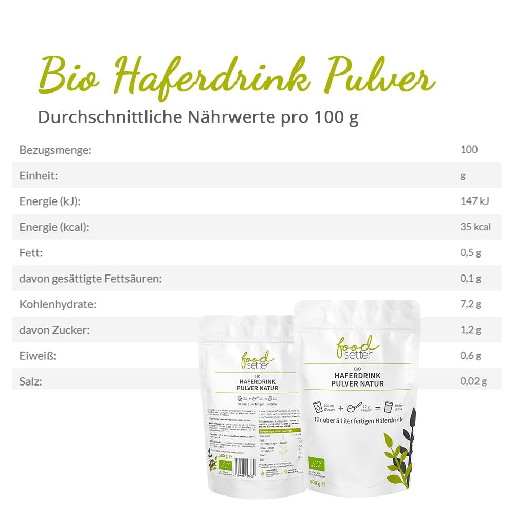 foodsetter Bio Haferdrink Pulver | 500g Beutel | Haferpulver | Instant Haferpulver | Bio-Quallität | Vegan | Glutenfrei | Ohne Zuckerzusatz | 0,5kg
