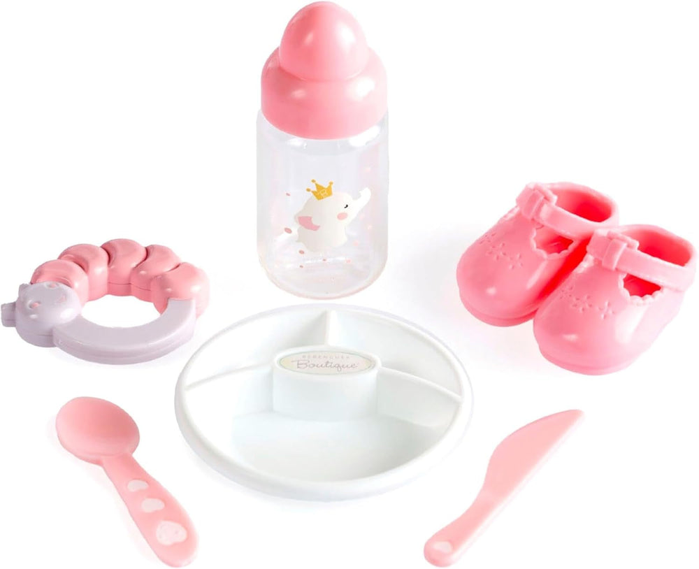 JC Toys- Berenguer Boutique 38 cm große realistische Babystoffpuppe mit offenen/geschlossenen 10-teiliges Geschenkset mit Flasche, Rassel, Schnuller & Zubehör Rosa Ab 2 Jahren