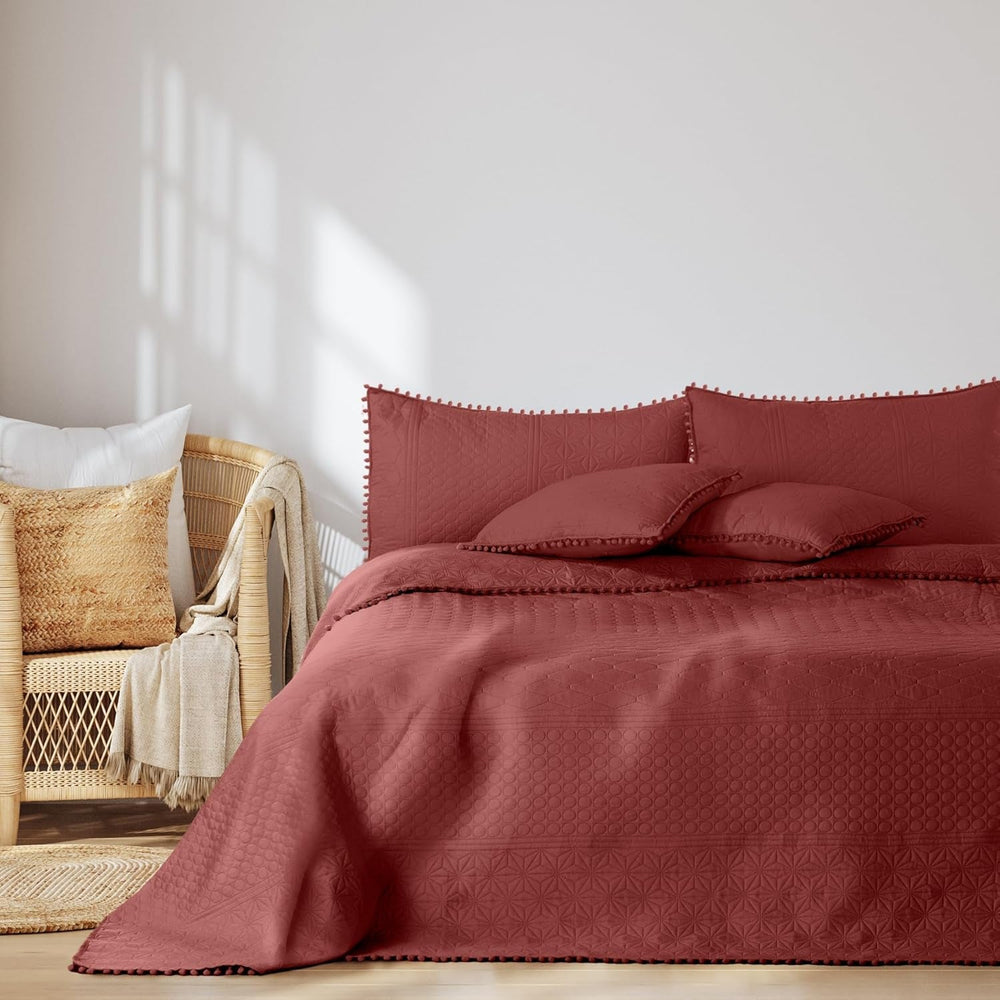 Ameliahome Cuvertură de pat cu pompoane 220X240 Cm Cuvertură de pat cu două fețe Ultrasonic Quilting Poliester Meadore Grey Paturi si Cuverturi Besuche den AmeliaHome-Store Meadore trandafir vechi 240X260 Cm