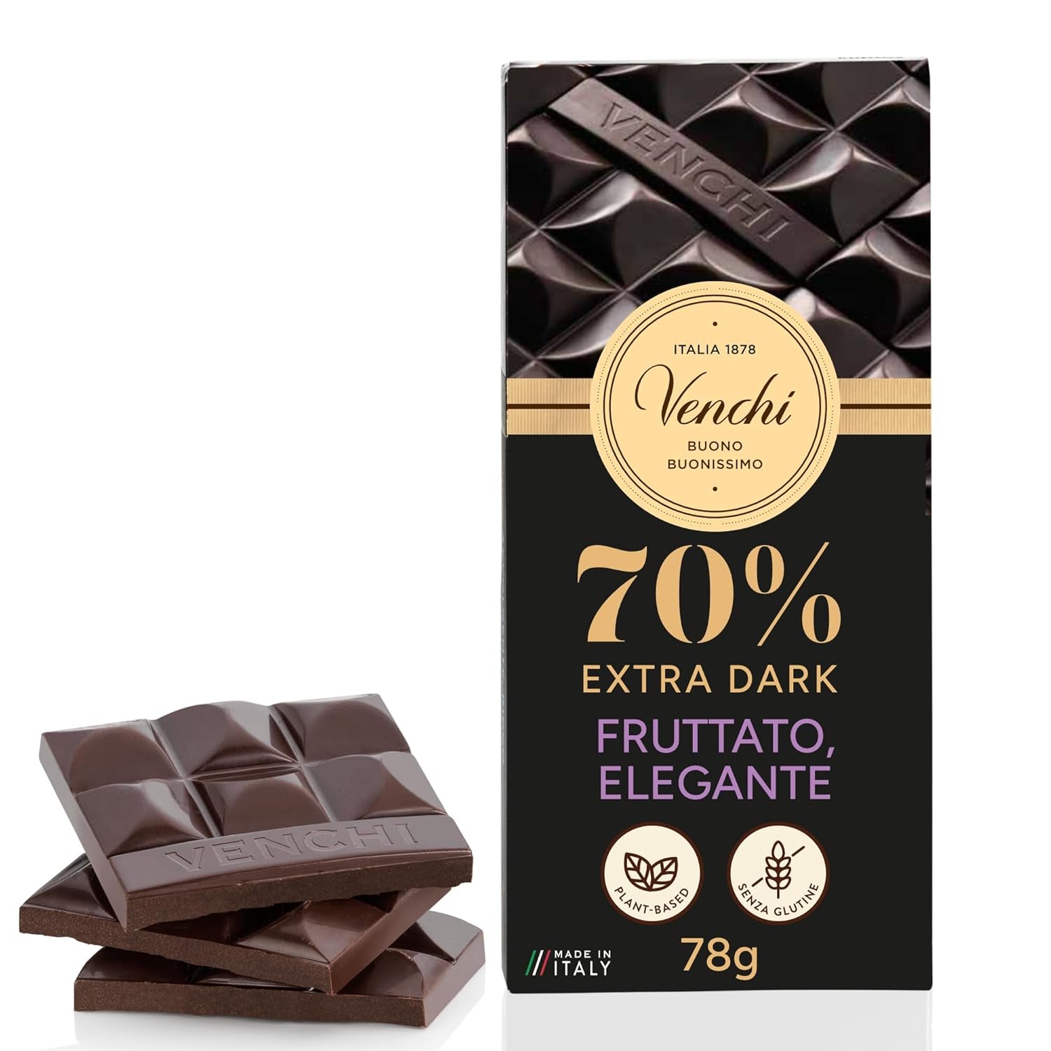 Venchi - Ciocolată neagră 70%, 78 g - Cu amestecuri de cacao selectate - Fără gluten - Vegan