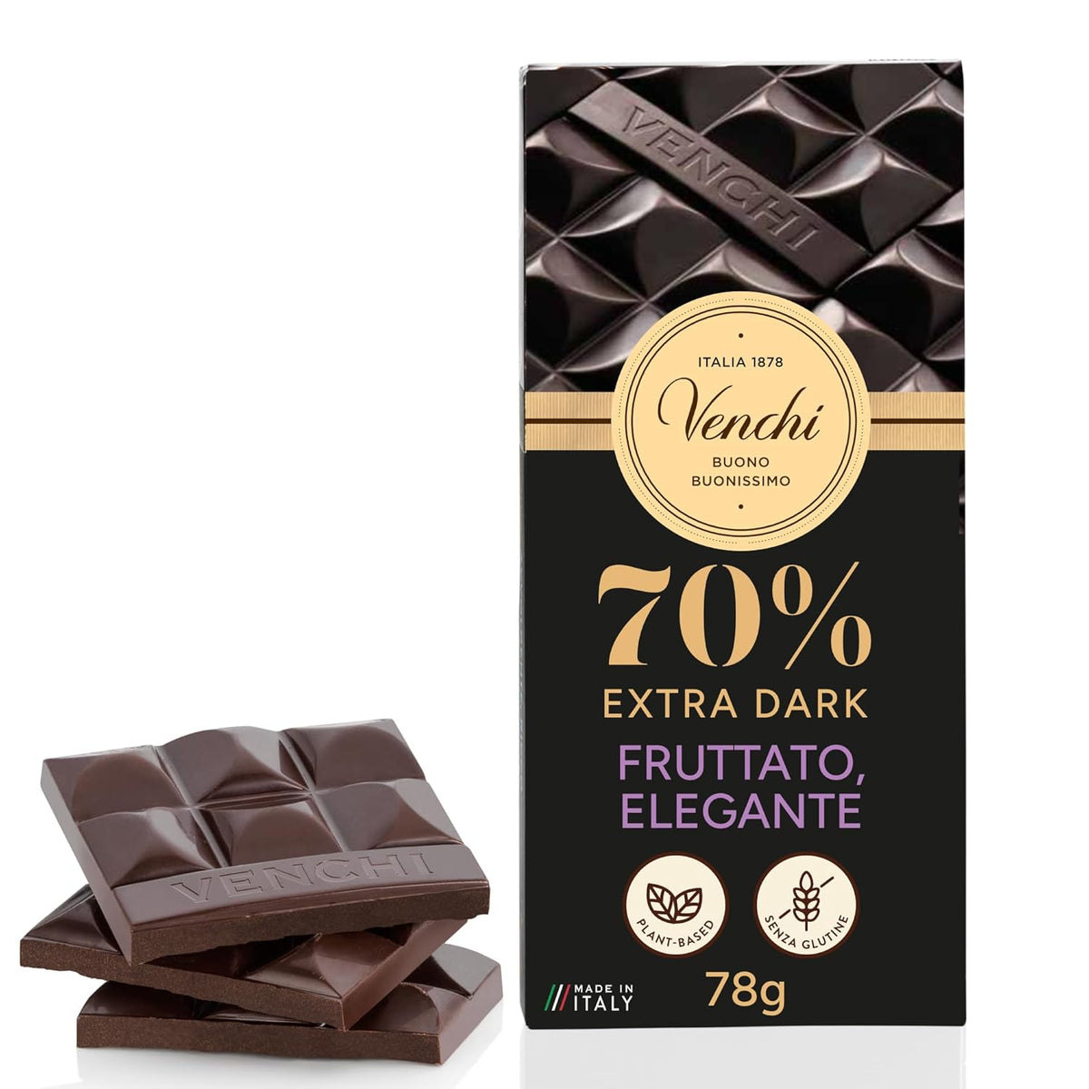 Venchi - Ciocolată neagră 70%, 78 g - Cu amestecuri de cacao selectate - Fără gluten - Vegan