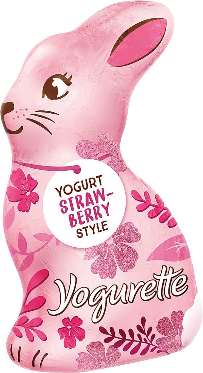 Iepuraș de Paște cu iaurt 75g – Iepuraș de ciocolată pentru Paște – Ciocolată albă cu iaurt și chipsuri fructate de căpșuni – Iepuraș de ciocolată pentru Paște și coș de Paște – Cadou de ciocolată – Cadou de Paște