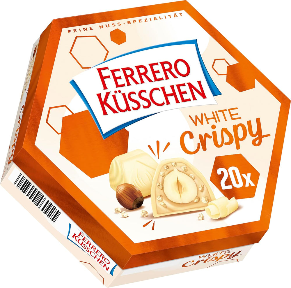 Ferrero Küsschen White Crispy – Cadou de Ziua Îndrăgostiților pentru el și ea – Alune prăjite crocante în cremă ușoară cu chipsuri crocante, acoperite cu ciocolată albă, 1 pachet de 20 de praline individuale