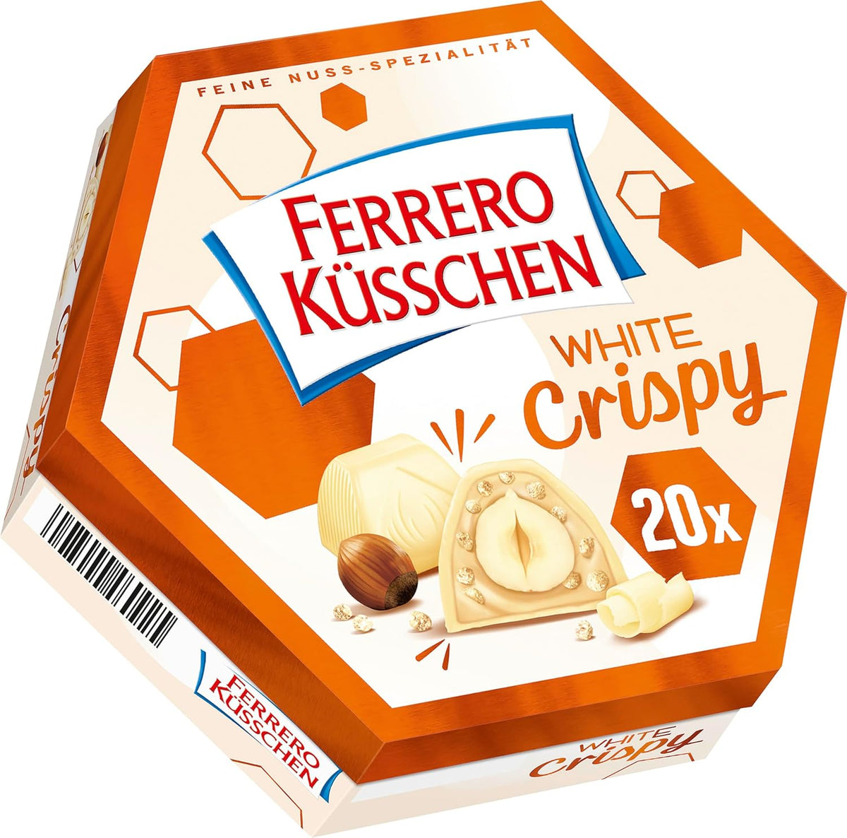 Ferrero Küsschen White Crispy – Cadou de Ziua Îndrăgostiților pentru el și ea – Alune prăjite crocante în cremă ușoară cu chipsuri crocante, acoperite cu ciocolată albă, 1 pachet de 20 de praline individuale