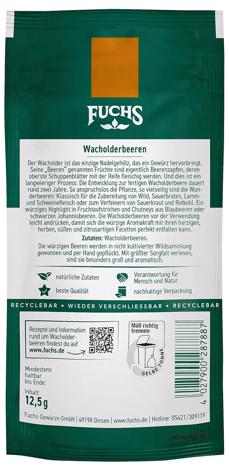 Fuchs Gewürze - Wacholderbeeren im wiederverschließbaren, recyclebaren Beutel - aus natürlichen Zutaten - 12,5 g
