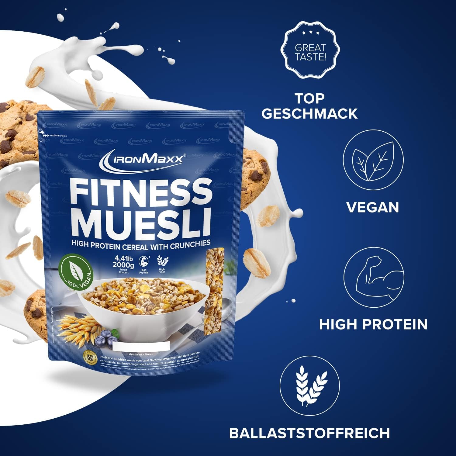 IronMaxx Fitness Muesli - Cookies & Cream, pungă de 2 kg | Muesli vegan bogat în proteine cu conținut crocant | Conținut redus de zahăr și bogat în fibre