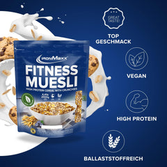 IronMaxx Fitness Muesli - Cookies & Cream, pungă de 2 kg | Muesli vegan bogat în proteine cu conținut crocant | Conținut redus de zahăr și bogat în fibre