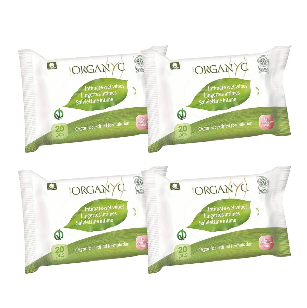 Șervețele umede Organyc Moist Intimate, fabricate din bumbac 100% organic certificat - 4 pachete a câte 20 de șervețele (80 de șervețele în total)