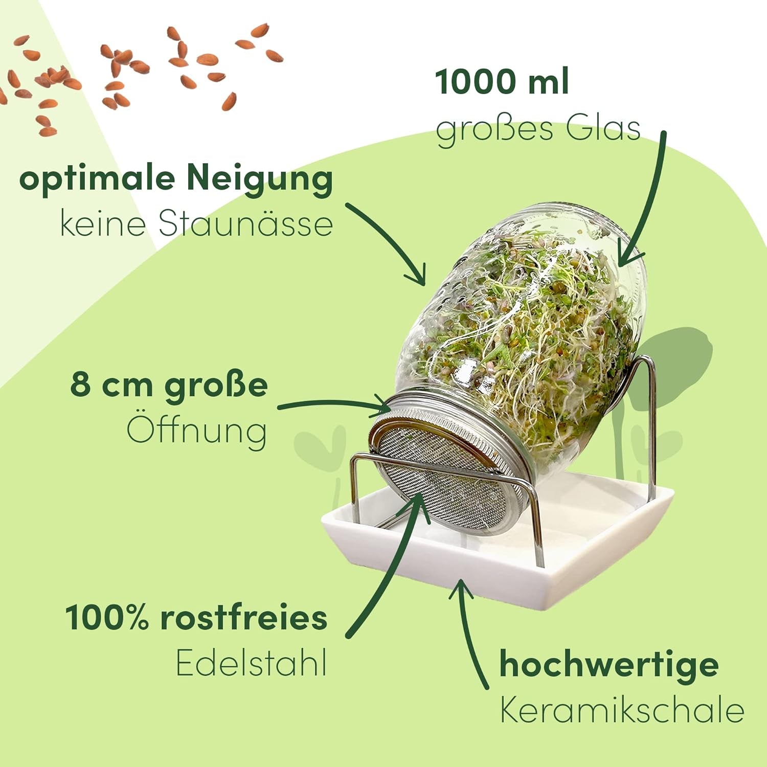 [Set original pentru începători cu borcan de germinare + sită pentru năsturel | 1000 ml cu capac din plasă din oțel inoxidabil de înaltă calitate, suport, tavă ceramică + ABC pentru germinare [Versiune tipărită] Tavă pentru răsaduri cu borcan de germinare
