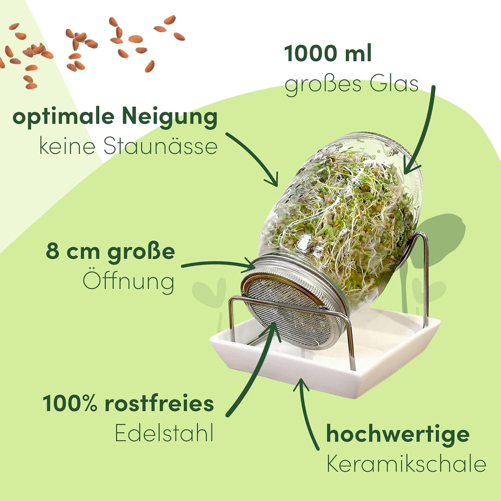 [Set original pentru începători cu borcan de germinare + sită pentru năsturel | 1000 ml cu capac din plasă din oțel inoxidabil de înaltă calitate, suport, tavă ceramică + ABC pentru germinare [Versiune tipărită] Tavă pentru răsaduri cu borcan de germinare