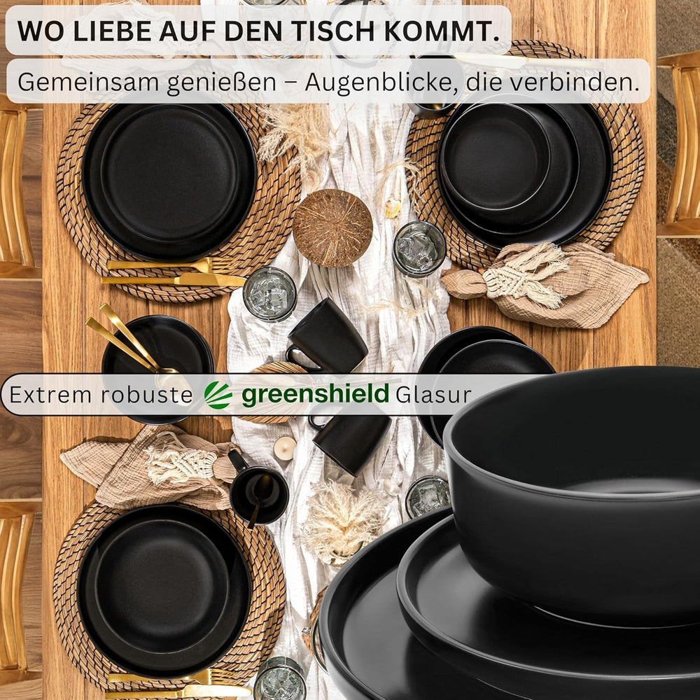 SÄNGER Madeira | Set de veselă combinat cu 24 de piese, set de veselă din gresie pentru 6 persoane, 6 farfurii de cină, 6 farfurii de mic dejun, 6 farfurii de sumă, 6 boluri pentru paste, set de veselă și bol, negru mat | COLECȚIA VALUE