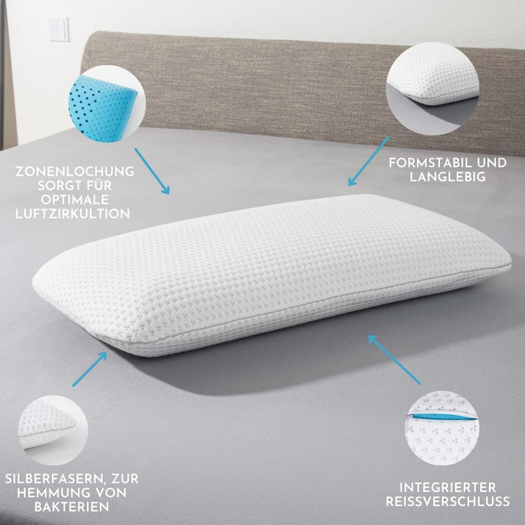 Genius Eazzzy pernă din spumă 40X80 Cm înălțime 10Cm - Pernă de susținere a gâtului cu 2 grade de duritate + spumă de gel de răcire - Pernă de dormit pentru cei care dorm lateral, pe spate și pe stomac împotriva durerilor de gât, poliester Perne standard Naty Shop