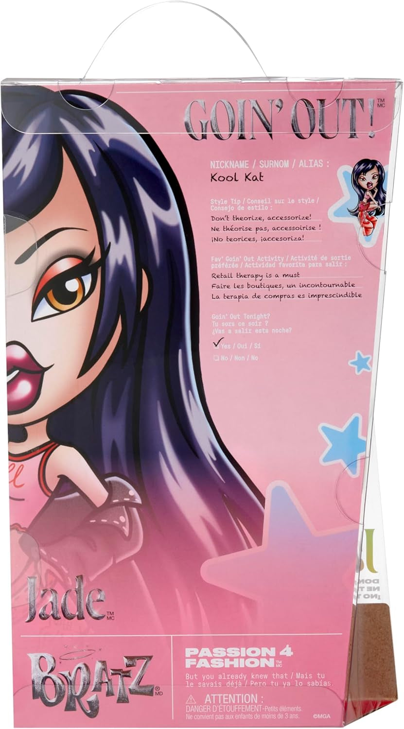 Păpușa Bratz Goin' Out! - Jade - 1 păpușă de colecție cu accesorii, ținută, geantă, ochelari de soare și perie - Jucărie pentru copii - Vârste 6+, Roșu