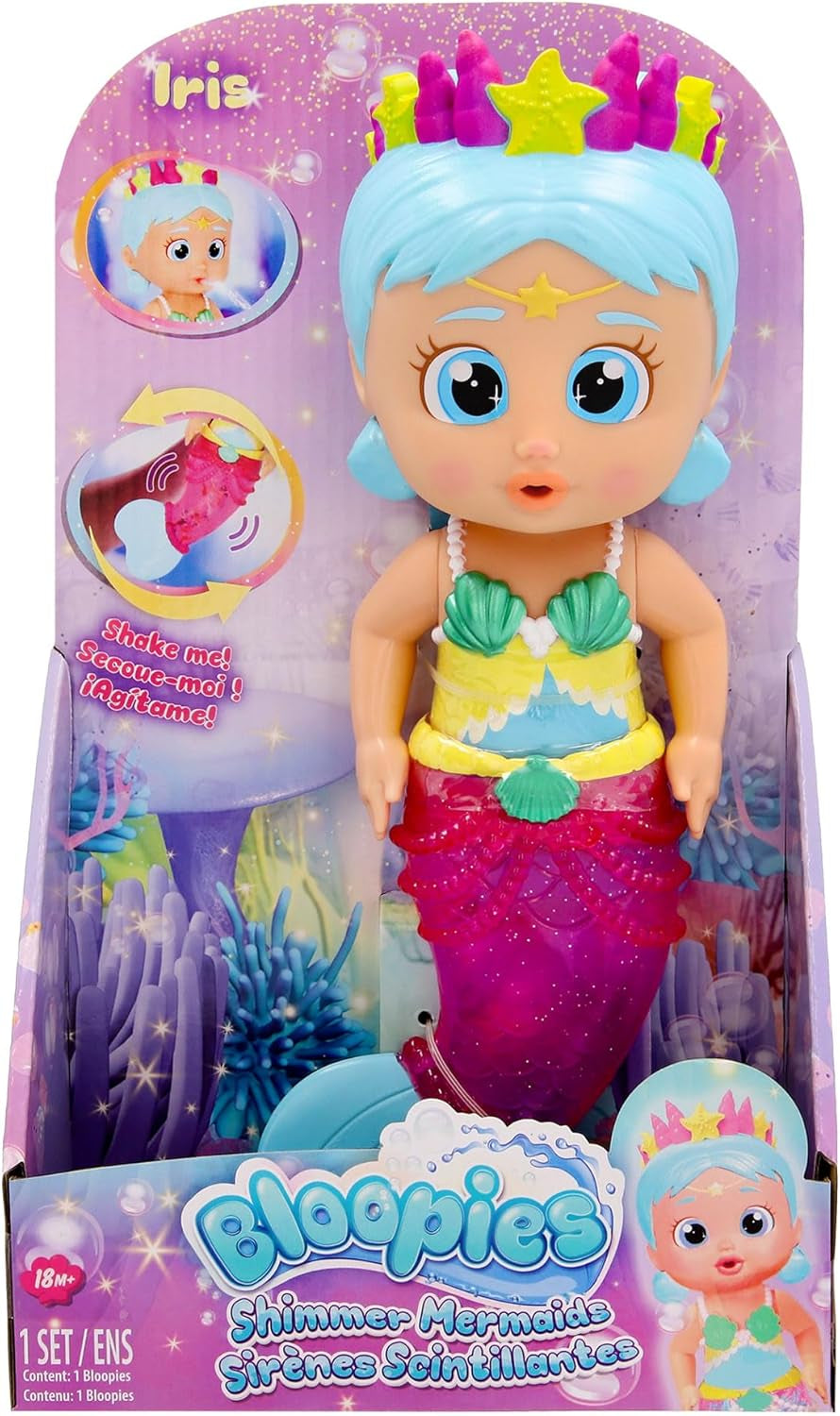 BLOOPIES Shimmer Meerjungfrau Iris, Wasserspielzeug, Meerjungfrau mit glitzerndem Schwanz voller Wasserspritzer, Spielzeug Geschenk für Kinder ab 18 Monaten