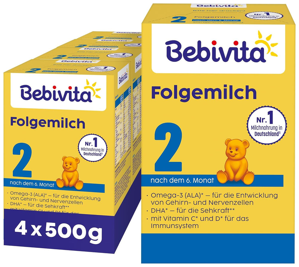 2 Folgemilch (4 x 500g), nach dem 6. Monat, mit Vitamin C und D, Omega-3 (DHA), altersgerecht sättigend