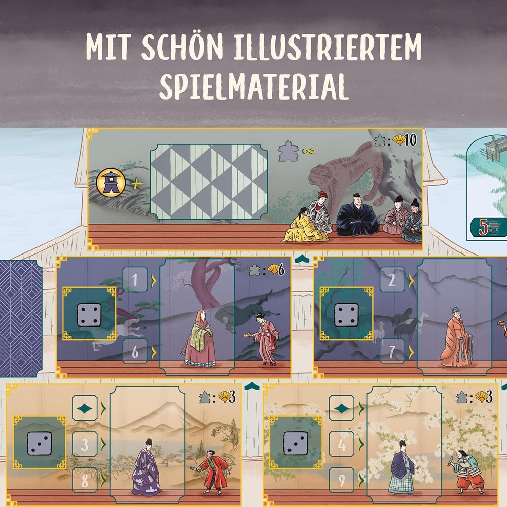 KOSMOS 683948 Castelul Alb, La Curtea lui Daiymo, joc de strategie cu un mecanism special de zaruri, joc de societate pentru 1-4 jucători cu vârsta de 12 ani și peste, joc pentru cunoscători