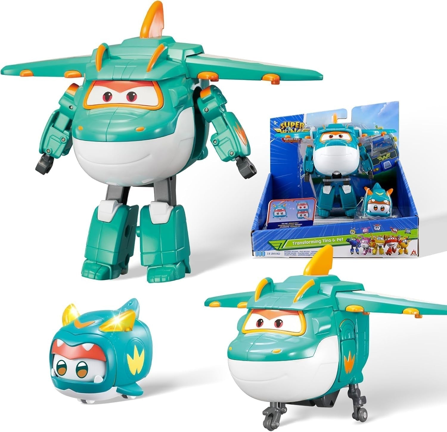 Super Wings EU770447 - Transforming Tino & Pet, figură de joacă transformabilă cu înălțimea de aprox. 14,5 cm și animal de companie cu înălțimea de aprox. 4,3 cm, pentru copii cu vârsta de peste 3 ani Action figures Naty Shop Tino