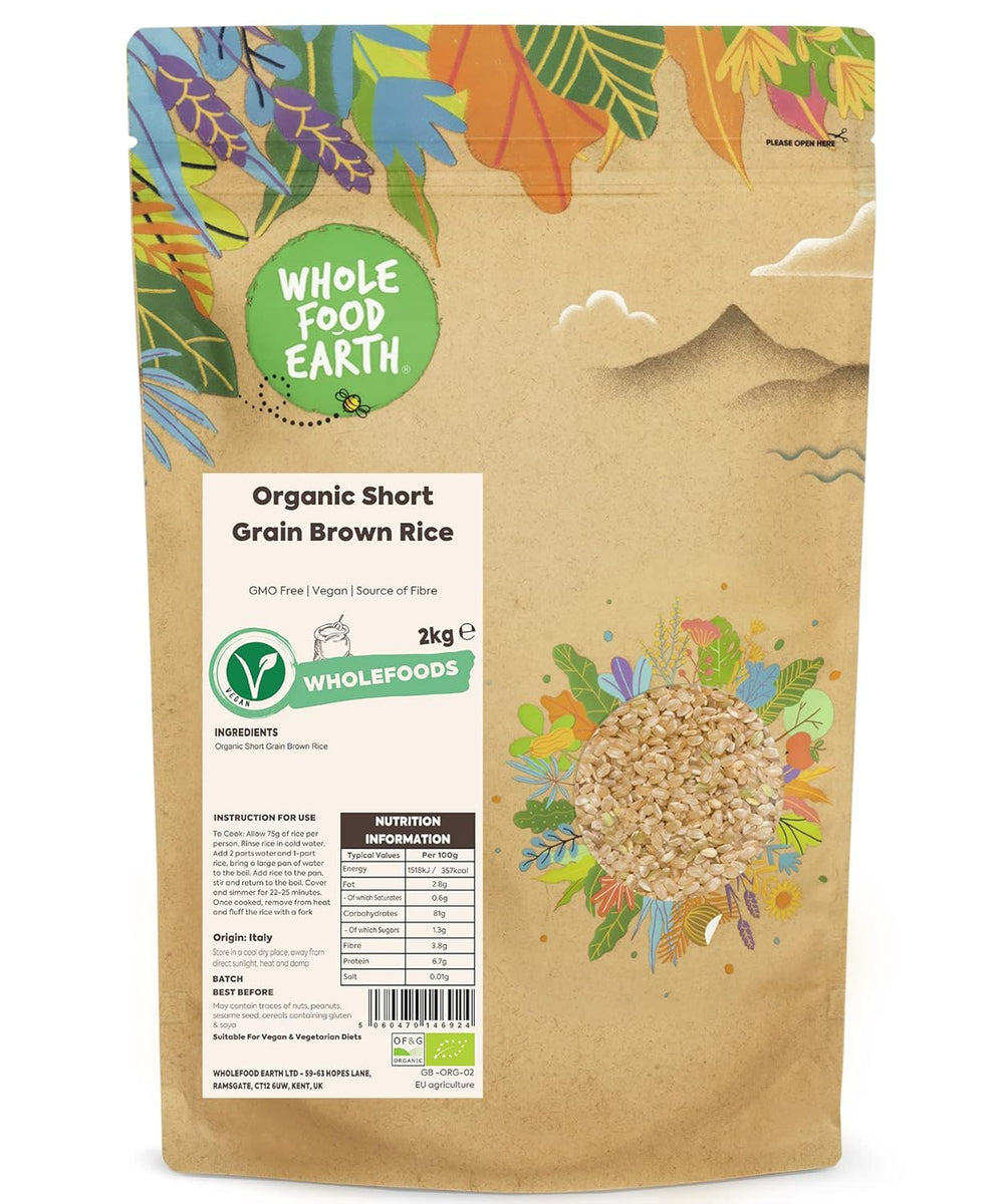 Orez brun cu bob scurt organic Wholefood Earth 3 kg, fără OMG, sursă vegană de fibre, provenit din agricultură organică controlată