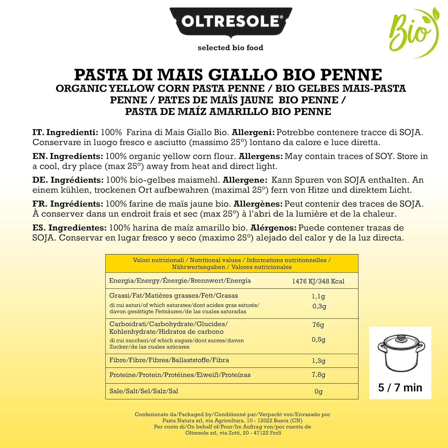 Paste di Mais Giallo Biologica Italiana Gluten Free, Formato Penne - pasta senza glutine, 100% farina di mais giallo organic, vegan, confezione da 3 pacchi da 350 g