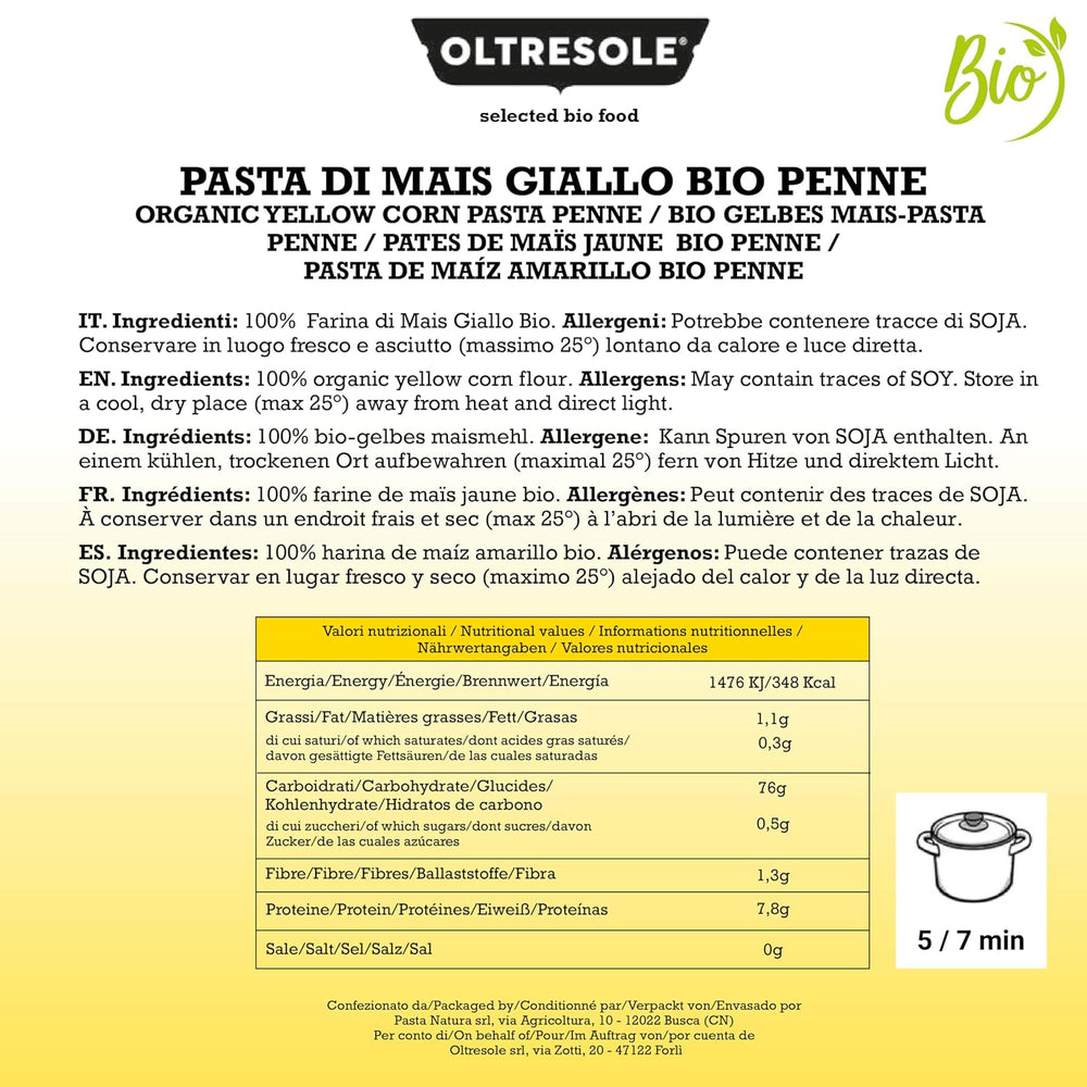 Paste di Mais Giallo Biologica Italiana Gluten Free, Formato Penne - pasta senza glutine, 100% farina di mais giallo organic, vegan, confezione da 3 pacchi da 350 g